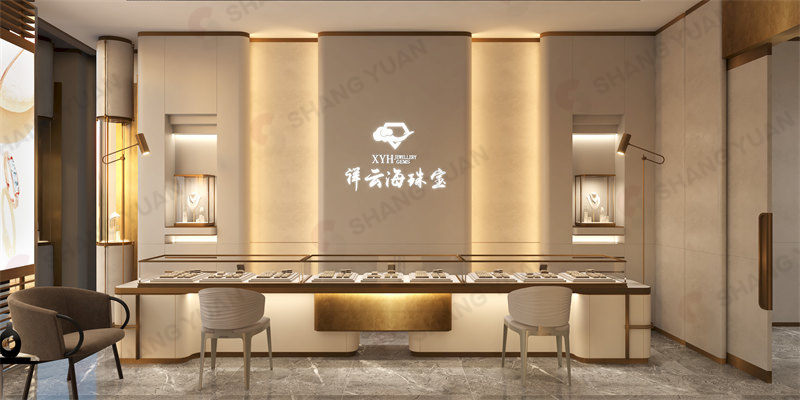 High-end jewelry display area with minimalist glass showcases and warm lighting for luxury retail